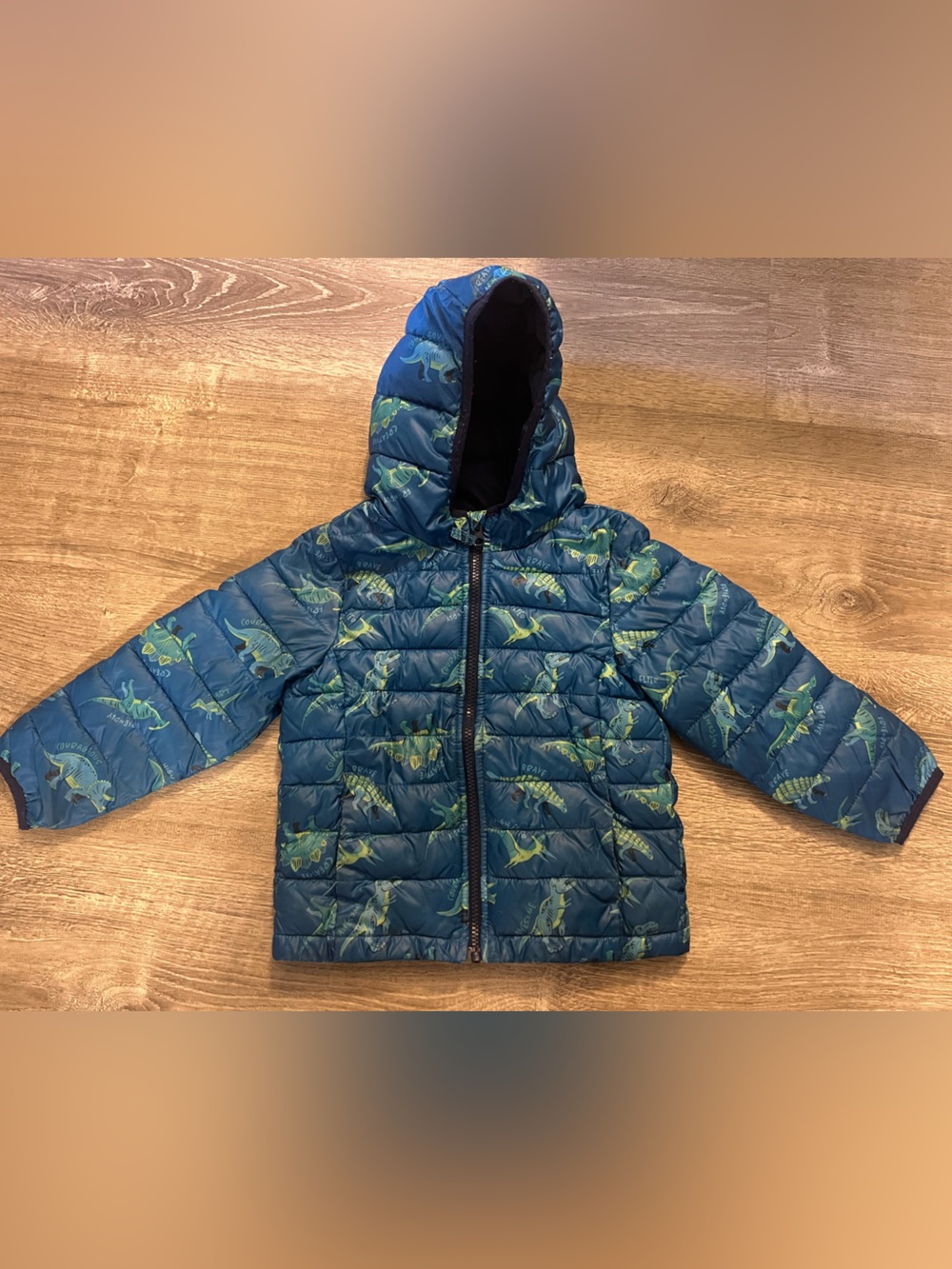 jumping beans Blue Hooded Puffer Jacket with Green Dino Print